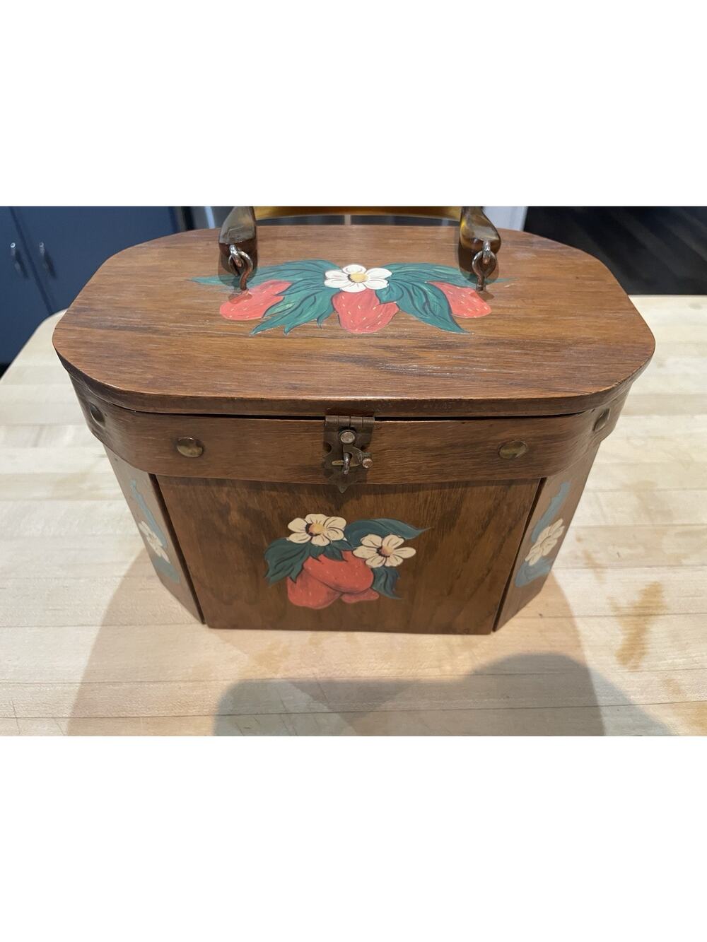 Vtg Strawberry Blossom Wood Decoupage Purse/Sewing Basket W Celluloid Handle 60s